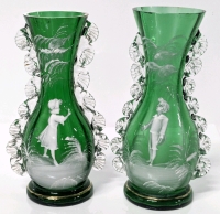 Pair of Antique Victorian Emerald Green Glass with Gold Gilt Mary Gregory Vases with Hand Painted Children & Crimped Clear Glass Ruffles - 6.25" - 6.4" Tall, Chips Throughout Rims