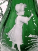 Pair of Antique Victorian Emerald Green Glass with Gold Gilt Mary Gregory Vases with Hand Painted Children & Crimped Clear Glass Ruffles - 6.25" - 6.4" Tall, Chips Throughout Rims - 2