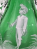 Pair of Antique Victorian Emerald Green Glass with Gold Gilt Mary Gregory Vases with Hand Painted Children & Crimped Clear Glass Ruffles - 6.25" - 6.4" Tall, Chips Throughout Rims - 3