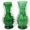 Pair of Antique Victorian Emerald Green Glass with Gold Gilt Mary Gregory Vases with Hand Painted Children & Crimped Clear Glass Ruffles - 6.25" - 6.4" Tall, Chips Throughout Rims - 4