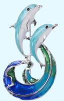 Enameled Dolphin Brooch Artistic Design Marine-Themed with Blue and White Glazed Dolphins Playful Water<br/>Approximately 1.18 x 2.16 Inch