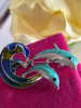 Enameled Dolphin Brooch Artistic Design Marine-Themed with Blue and White Glazed Dolphins Playful Water<br/>Approximately 1.18 x 2.16 Inch - 6