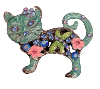 Retro Style Cat Rhinestone Embellishments Brooch Sparkling Blue & Pink Stones<br/>Approximately 1.9 x 1.5 Inch