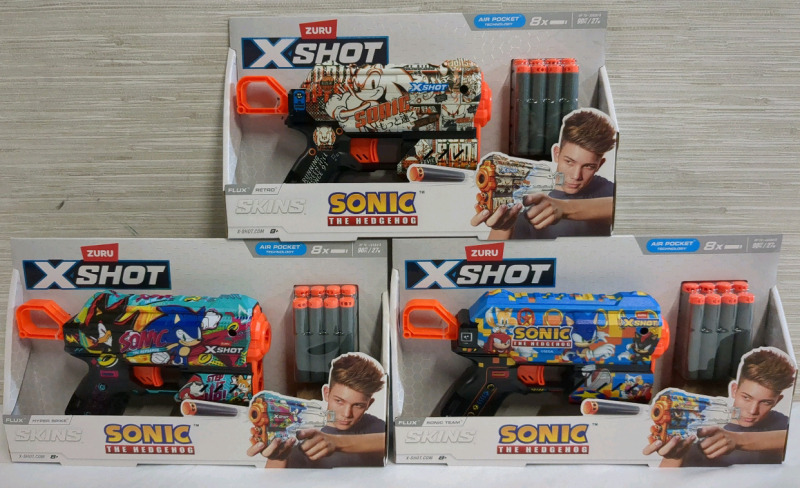 3 New Zuru Xshot Sonic the Hedgehog Nerf Style Gun Approx 9 inches.
