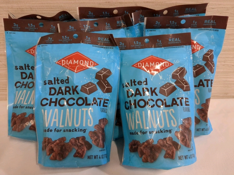 8 New Bags Diamond Salted Dark Chocolate Flavoured Walnuts BB 23 May 2025