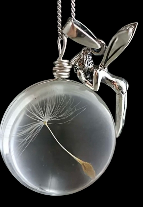Dandelion Seed Glass Globe Pendant Necklace Angel Fairy Charm Accent on Chain Approximately 17 Inch Chain 1.75 Inch Pendant
