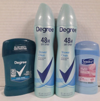 4 New | Ladies DEGREE & SUAVE Deodorant Lot | Includes 2 107g Spray Deodorants and 2 34-48g Stick Deodorants