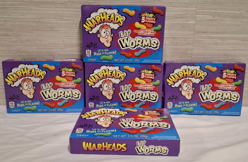 5 New Warheads Lil' Worms Candy Boxes | Net WT 3.5oz per box | 5 Flavors | Measurements: 6" X 4.1" each box | Best Before- 10/2025