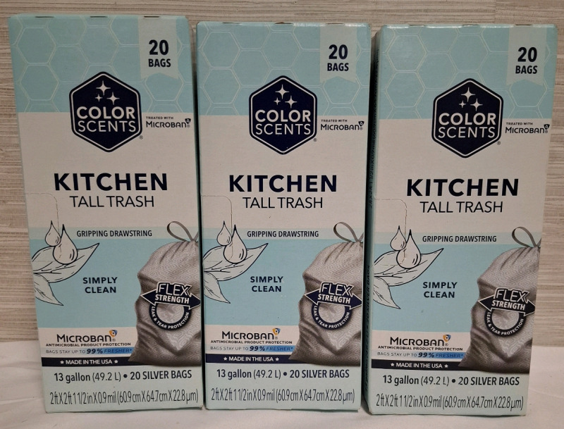 3 New Kitchen Tall Trash Bag Boxes | 20 bags per box | 13 gallon each | Box Measurements: 8.1" X 3" each