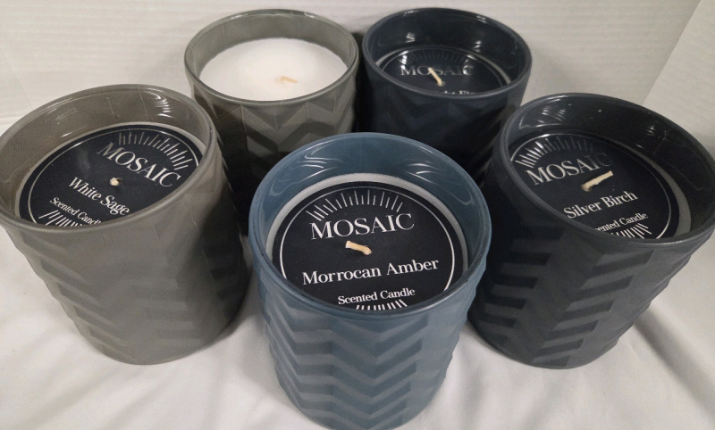5 New | MOSAIC Scented Candles | 480g Ea. | (2) Silver Birch, (1) White Sage, (1) White Jasmine, & (1) Moroccan Amber
