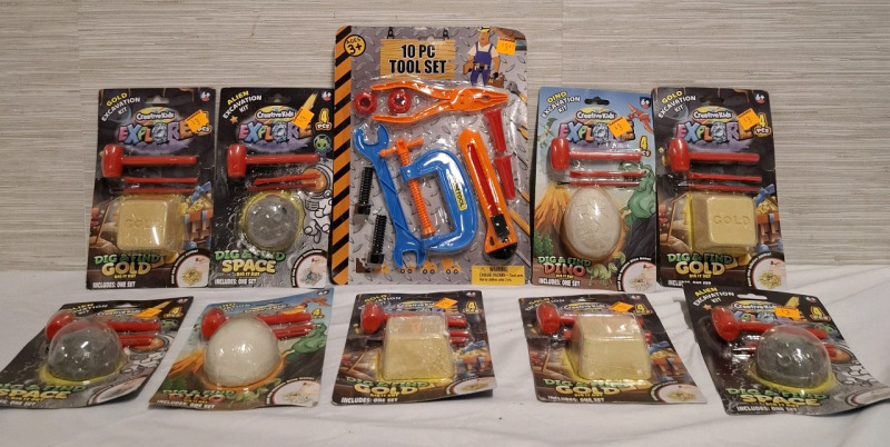 10 New Assorted Kid Playing Kits | 9 Excavation Kit (Types- Alien, Dino & Gold) and 1 Tool Set (10 pcs) | Tool Set Box Measurements: 11.1" X 8.2"