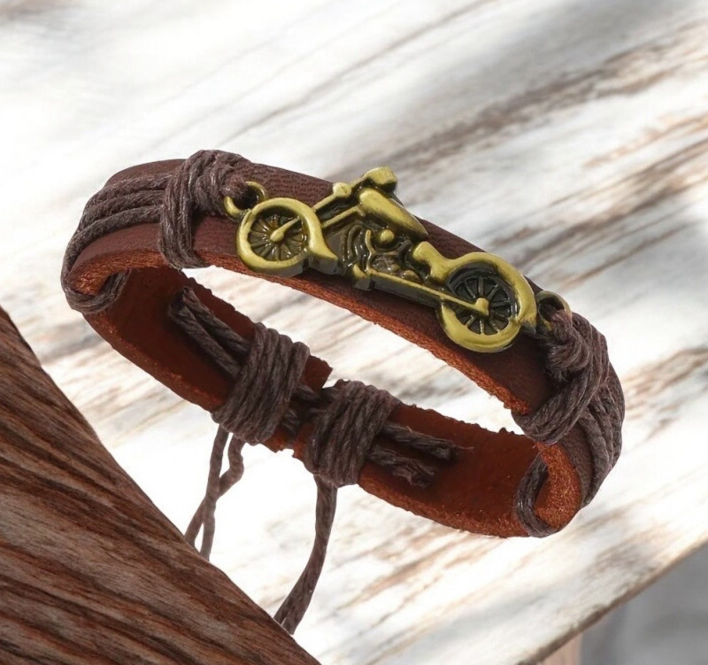 Genuine Leather Vintage-Inspired Bracelet with Motorcycle Design Rich Brown Adjustable