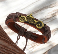 Genuine Leather Vintage-Inspired Bracelet with Motorcycle Design Rich Brown Adjustable