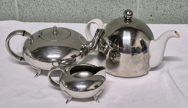 Vintage Pewter 5" Teapot & Creamer with Monogram "S" & 6" SOHO Ceramic Teapot with Metal Top (helmet)