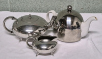 Vintage Pewter 5" Teapot & Creamer with Monogram "S" & 6" SOHO Ceramic Teapot with Metal Top (helmet)