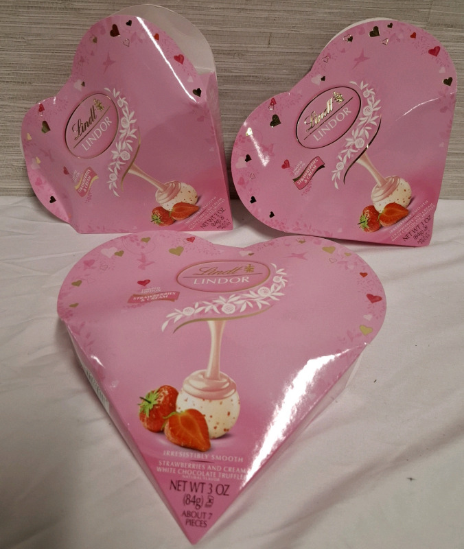 3 New Lindt Lindor Strawberries & Crewm White Chocolate Truffles Boxes | Net WT 3oz each with 7pcs per box | Measurements-7.5" x 7.5" each | Best Before- 06/30/2025