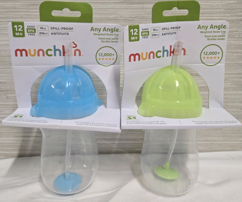 2 New | 12M+ Muchkin Spill Proof Plastic Weighted Straw Cups | 7" Tall