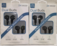 4 New | PlayNice Dual Buds | (x2) 2 Pack Wired Earbuds | Studio Quality Dynamic Bass, Built in Mic