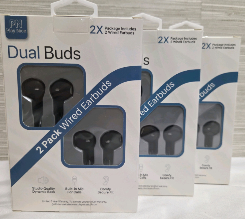 6 New | PlayNice Dual Buds | (x3) 2 Pack Wired Earbuds | Studio Quality Dynamic Bass, Built in Mic