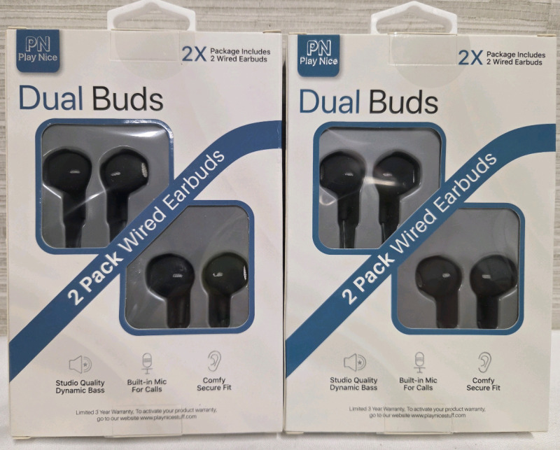 4 New | PlayNice Dual Buds | (x2) 2 Pack Wired Earbuds | Studio Quality Dynamic Bass, Built in Mic