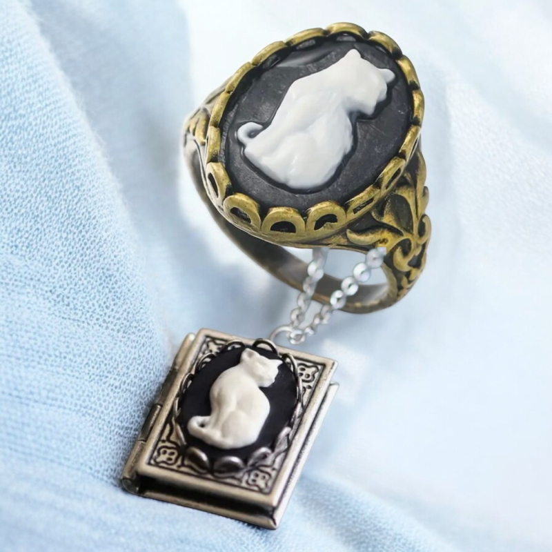 Cat Cameo Black and White Vintage Inspired Ring Size 8 Necklace Cameo Cat Inlay Book Locket / more info in description