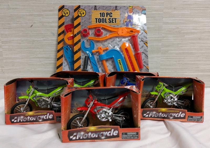 5 New Motorcycle Toys & 2 New 10 Piece Tool Sets. Motorcycle Stands Approximately 3" Tall.