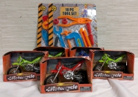 5 New Motorcycle Toys & 2 New 10 Piece Tool Sets. Motorcycle Stands Approximately 3" Tall.