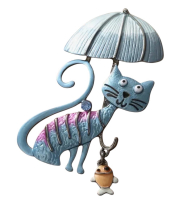 Charming Cat Brooch Articulated with Blue Umbrella & Fish Charm Rhinestone on back<br/>Approximately 2.5 x 1.5 Inch
