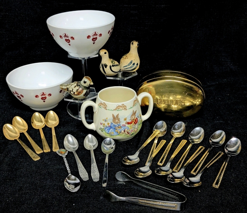 Vintage ROYAL DOULTON Bunnykins Child's Mug, 2 Unbranded Vintage Milk Glass Bowls, 3 Stoneware Sityimg Bird Figures Mexico, 18 Small Spoons & Sugar Cube Tongs in LEPELTJES Tin