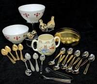 Vintage ROYAL DOULTON Bunnykins Child's Mug, 2 Unbranded Vintage Milk Glass Bowls, 3 Stoneware Sityimg Bird Figures Mexico, 18 Small Spoons & Sugar Cube Tongs in LEPELTJES Tin