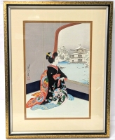 Stunning Framed SADANOBU HASAGAWA III (Japan, 1861-1963) "Maiko in Winter" Woodblock Print - 15" &times; 19.5"