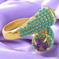 Beautiful Ring with Purple Prong Set Zirconia Torq Style Opaque Turquoise Rhinestones Size 6 14K Yellow Gold Plated