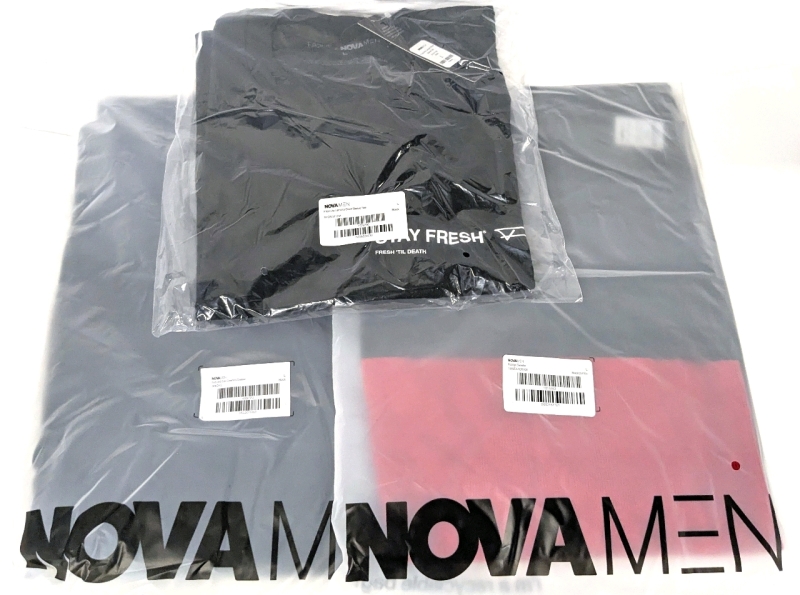 3 New Size LG Men's NOVA MEN Tops : Fresh As Lemons Short Sleeve Tee (Black), Cozy and Cool Crewneck Sweater (Black), Rodrigo Sweater (Red/Combo) | Over $50 Retail Value
