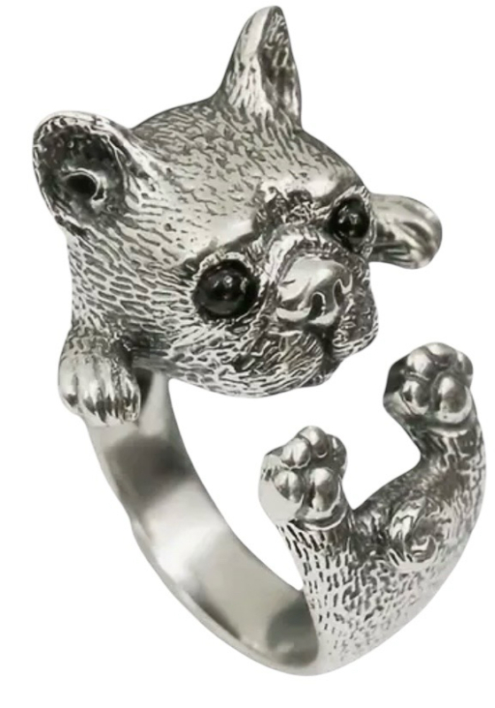 New 925 Cute French Bulldog Sterling Silver Ring Open Band Oxidized Textured Size 5Stamped S925. 11.2 grams
