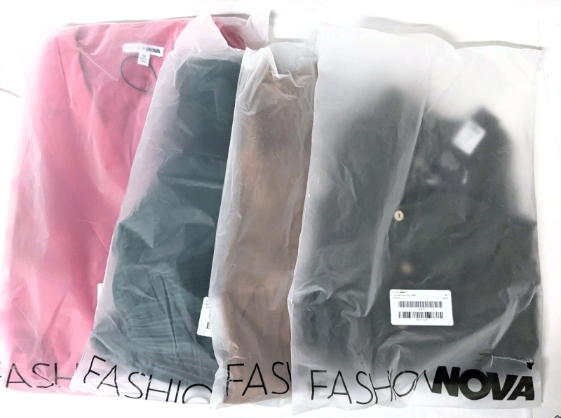 4 New Pieces Size MED Women's FASHION NOVA: Girl Boss Feather Skirt Set (Pink), Belle Satin Maxi Dress (Hunter), Angelina Satin Blouse Top (Copper), Love Her Down Midi Dress (Olive) | Over $140 Retail Value!