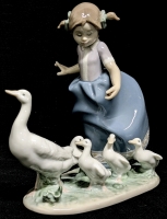 Vintage Lladro Spanish Porcelain Hurry Now 5503, Young Girl Herding & Feeding Ducks - 7.5" Tall, No Chips or Cracks