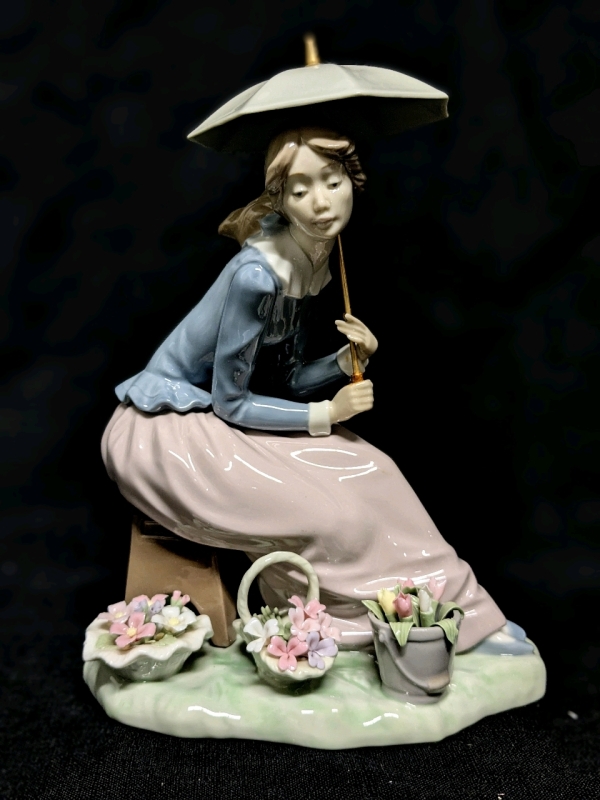 Vintage Lladro NAO Spanish Porcelain Figurine: 419 Flowers From My Garden, 8.75" Tall - No Cracks, Rough Spots Felt Along Tulip Leaves