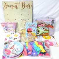 200+ Piece New DONUT LOVERS Birthday Party Supplies : Donut Bar Board, Treat Holders, Tablecloth, Balloons, Paper Napkins, Paper Plates, Disposable Snack Forks, Colouring Books +