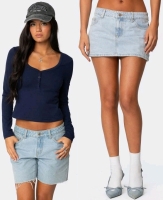 New Size XS & Small Women's EDIKTED Chiara Denim Micro Skirt & Leah Henley Top Navy - Retail Value Over $150!
