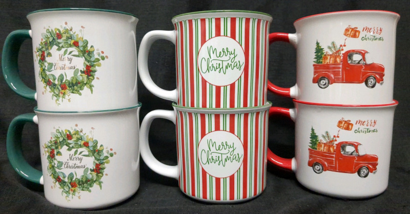 6 New Christmas Themed Mugs Approx 18 oz