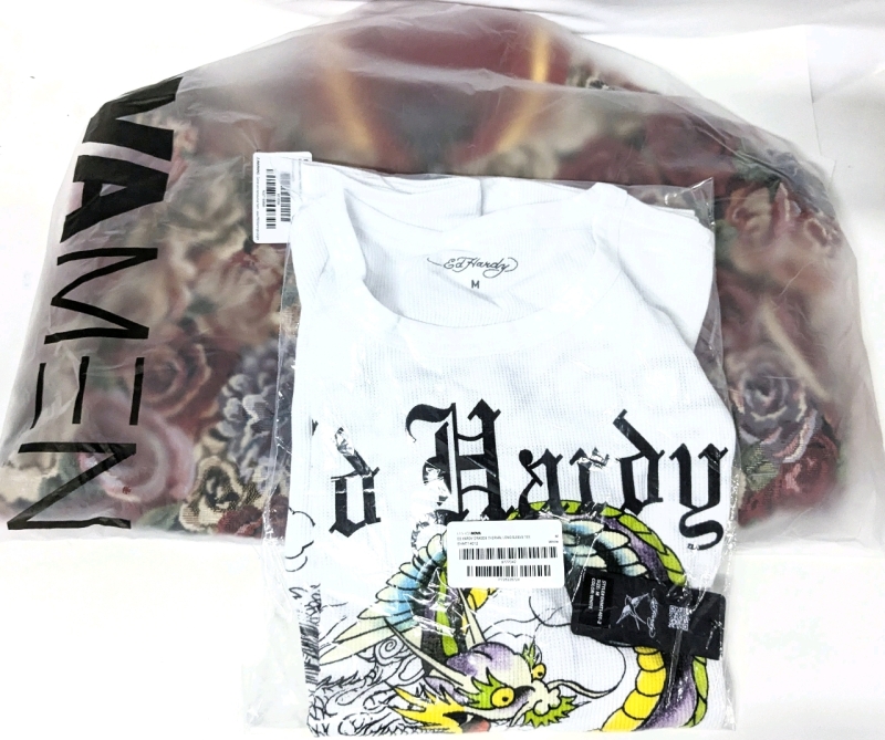 New Size MED Men's NOVA MEN Jacket & Shirt: Ditsin Tapestry Varsity Jacket (Red Combo) & Ed Hardy Dragon Thermal Long Sleeve Tee (White) | Over $120 Retail Value!