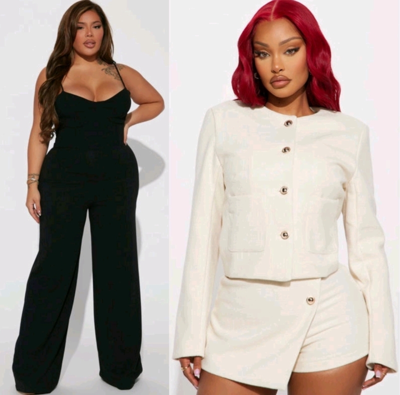 2 New Size LG Women's FASHION NOVA: Taking Notes Jumpsuit (Black) & So Demure Tweed Jacket (Cream) | Over $70 Retail Value!