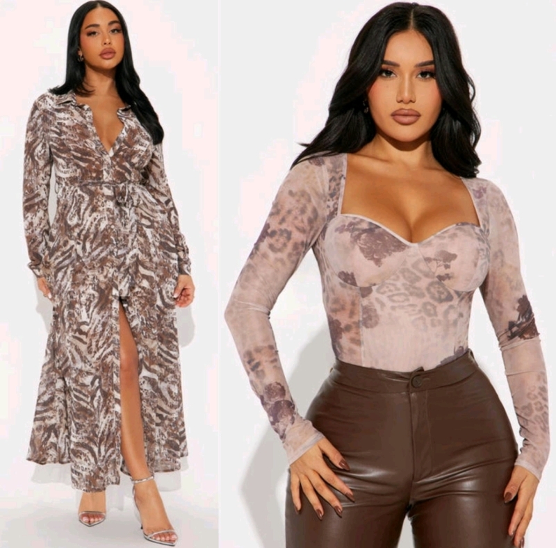 2 New Size LG Women's FASHION NOVA: Wild Feeling Mesh Bodysuit (Taupe Combo) & In The Wild Animal Print Midi Shirt Dress (Brown Combo) | Over $70 Retail Value