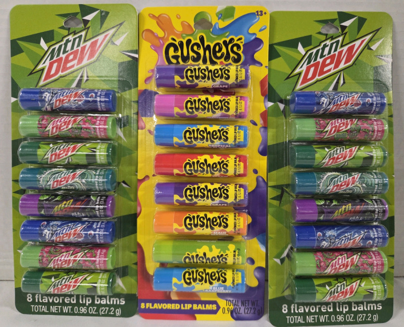 24 New | Flavoured Lip balm | Gushers & Mountain Dew | 3 Packs of 8, 27.2g a Pack
