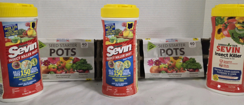 5 New | Starter Garden Lot | (3) GardenTech Sevin Insect Killer Dust 340g ea. & (80) Seed Starter Pots Eco Friendly