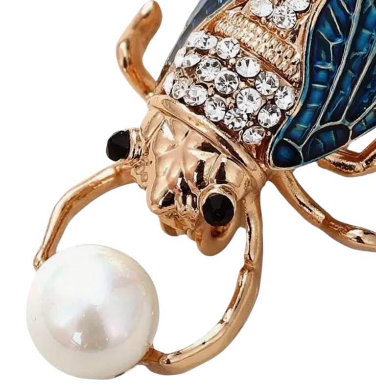 Gorgeous Rhinestone and Enamel Cicada Insect Brooch Holding Faux Pearl Approximately 2 Inch