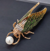 Gorgeous Rhinestone and Enamel Cicada Insect Brooch Holding Faux Pearl Approximately 2 Inch - 3