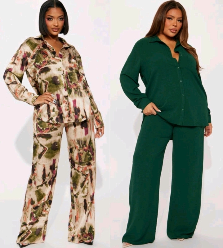 2 New Size LG Women's FASHION NOVA Pant Sets : Stepping Out Satin Pant Set (Olive Combo) & Makenzie Short Sleeve Pant Set (Hunter) | Over $100 Retail Value!