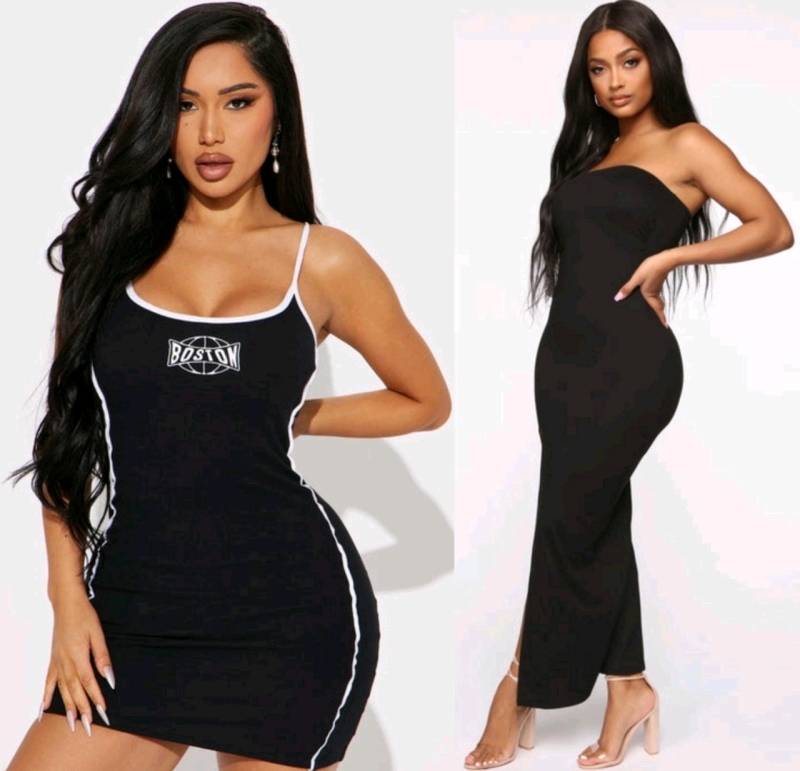 2 New Size LG Women's FASHION NOVA Dresses: Boston Bound Mini Dress (Black White) & Rayna Tube Maxi Dress (Black) | Overc$60 Retail Value!
