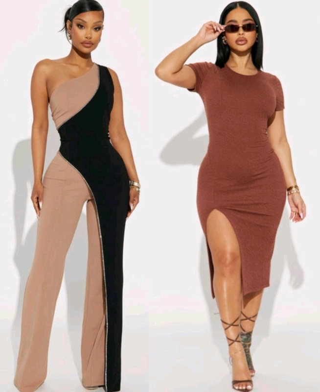 2 New Size LG Women's FASHION NOVA Dress / Jumpsuit: Quinn Midi Dress (Brown) & Chase Me Forever Jumpsuit (Mocha Combo) | Over $70 Retail Value!